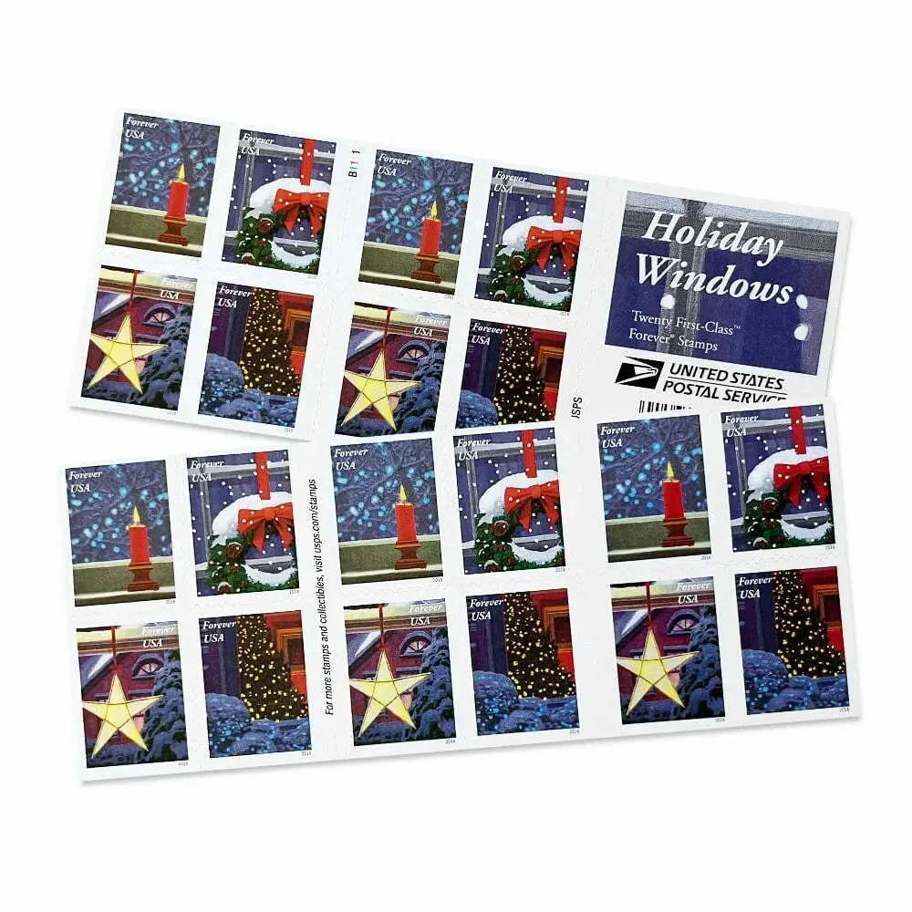 20-stamp pane with candle, star ornament, Christmas tree, and frosted wreath designs, labeled "Holiday Window Views Forever 2016"