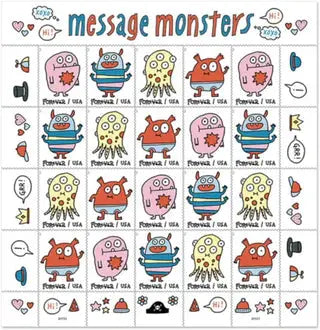 20-stamp pane with four monster designs and adhesive props (hats, glasses, shorts)