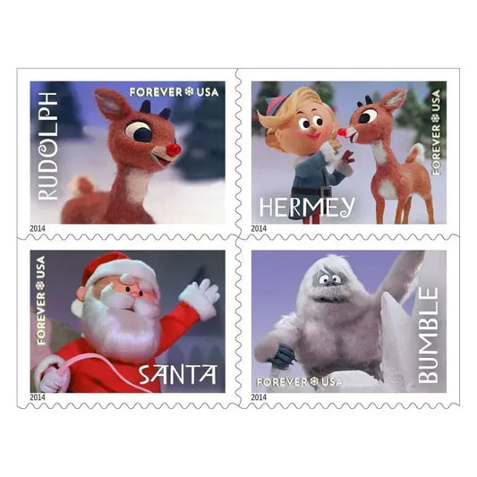 USPS 2014 Rudolph single stamp, Santa in red suit beside Rudolph with glowing red nose, vintage-inspired holiday design