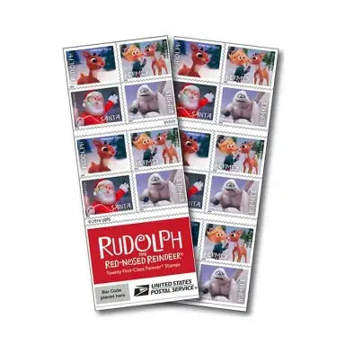 20-stamp pane with Santa and Rudolph motifs, labeled "Rudolph Forever 2014" in retro script