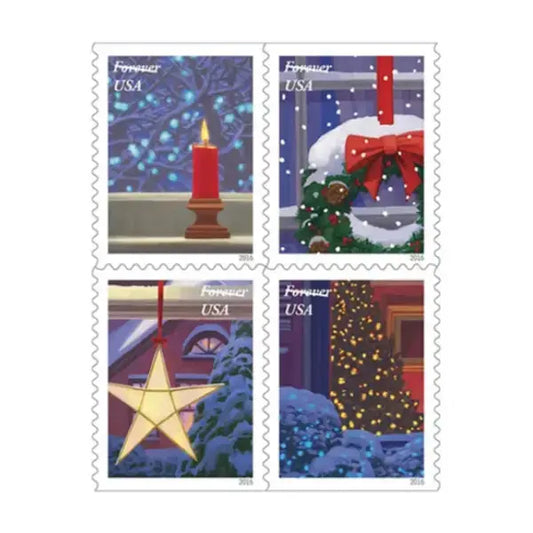 USPS 2016 Holiday Window single stamp, candlelit windowsill with snow outside, first in winter narrative series