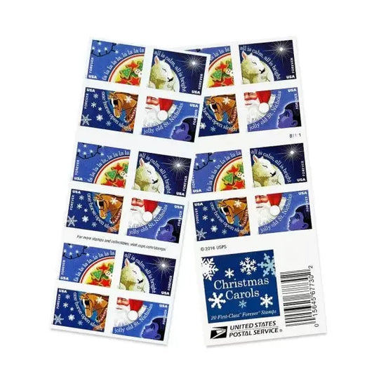 Four Christmas carols stamps set, including harp with mistletoe and star-lit church scenes - Forever Stamply