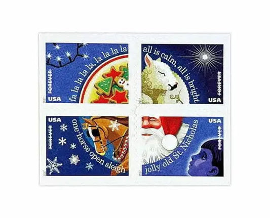 USPS 2017 Christmas Carols single stamp, sleigh with bells and holly on a snowy night design - Forever Stamply