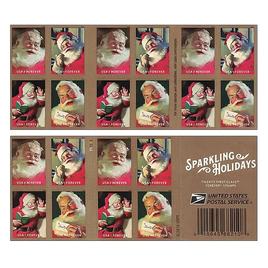 20-stamp pane with four Coca-Cola Santa poses, labeled "Sparkling Holidays Forever 2018" with retro font