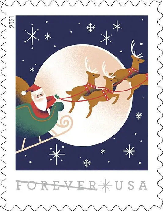 USPS 2021 St. Nick single stamp, Santa on snowy rooftop with sack and chimney, first in 4-part narrative